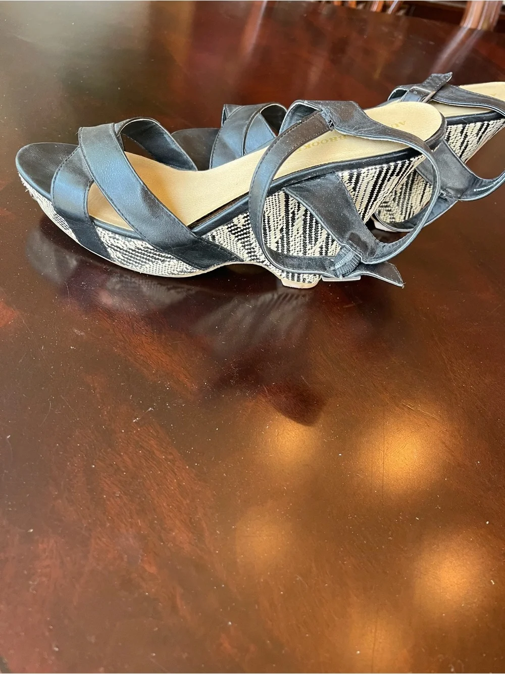 Audrey Brooke Black Strappy Wedges with Patterned Rope Heel